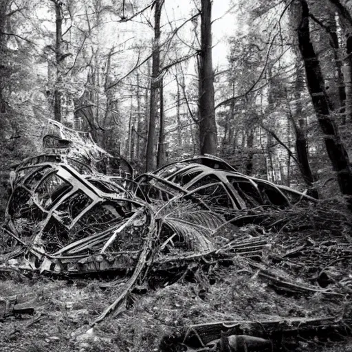 Image similar to huge crashed ufo wreckage in the forest, black and white photo, cinematic, found footage