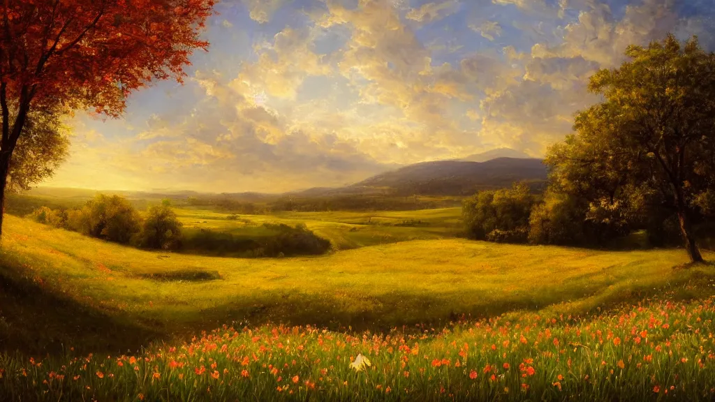 Image similar to the most beautiful panoramic landscape, oil painting, meadow with trees starting to bloom, leaves falling, cinematic lighting, highly detailed, very realistic