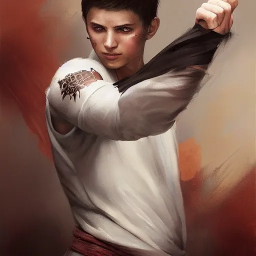 Image similar to A detailed matte oil on canvas painting of a young white male martial artist monk, orchid arm tattoos by greg rutkowski and Charlie bowater, trending on artstationhd, dungeons and dragons art