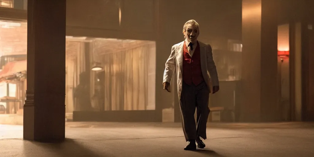 Image similar to Robert DeNiro as Arthur Fleck in 'Joker' (2019), movie still frame, only one person in frame, oscar nominated cinematography, volumetric lighting, 8k resolution, beautiful composition