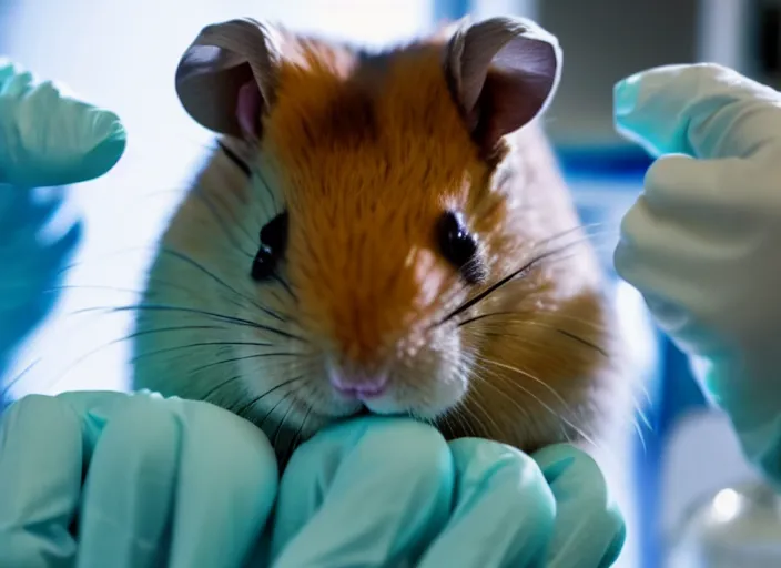 Image similar to film still of a hamster working in a research lab finding the cure for cancer, 8 k