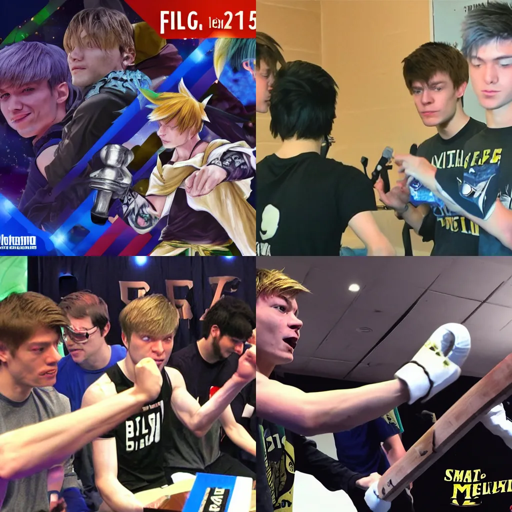 Prompt: Leffen killing the five gods of smash