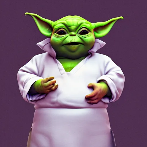 Image similar to curious mouth agape innocent tiny overweight chubby baby yoda as chef wearing white chefs hat and white apron, offering a plate of food, vegetables, photography, hyperrealism, unreal engine, octane 3 d render, houdini, unity 3 d, highres, adobe premier pro, trending on artstation, trending on deviantart