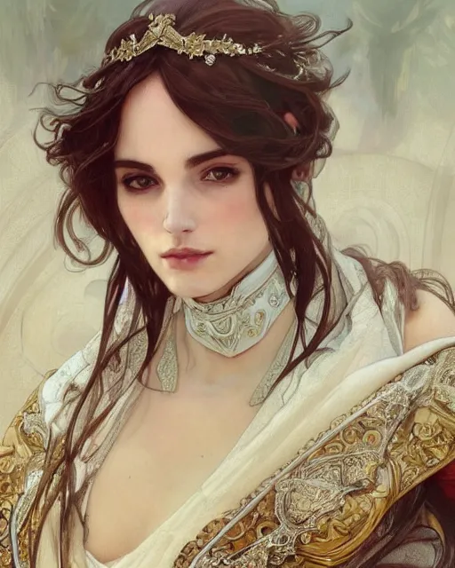 Prompt: a beautiful close up portrait of a female white knight sitting with elegant looks, flowing cape, ornate and flowing, intricate and soft by ruan jia, tom bagshaw, alphonse mucha, krenz cushart, beautiful roman architectural ruins in the background, epic sky, vray render, artstation, deviantart, pinterest, 5 0 0 px models