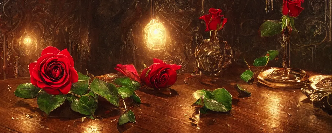 Image similar to a single red rose is on a wooden table with subtle carved filigree and drops of blood, scattered emeralds, close up view, dramatic lighting, DOF, soft, sharp focus, art nouveau, intricate artwork by Raymond Swanland and Greg Rutkowski