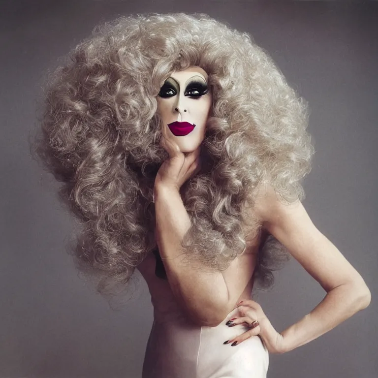 Image similar to Portrait of a glamorous gay drag queen smirking in heavy makeup and a big wig by Annie Leibovitz