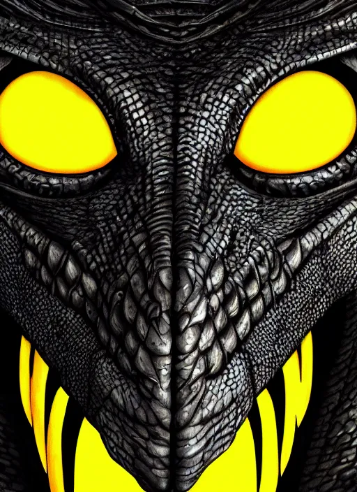 Image similar to closeup portrait of black dragon head with yellow eyes, ultra realistic, fantasy, magic, dnd,