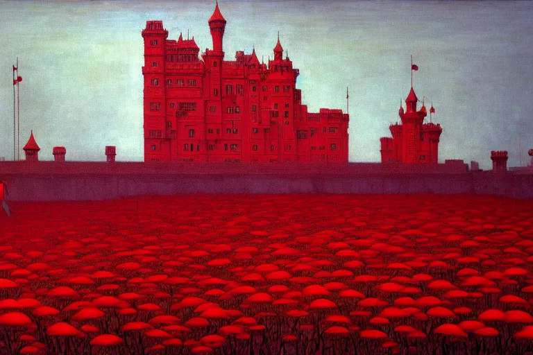 Image similar to only with red, red flowers of different types, red castle in background, red medieval big goblins, in the style of beksinski, parts by edward hopper, parts by rodcenko, parts by yue minjun, intricate and epic composition, red by caravaggio, insanely quality, highly detailed, masterpiece, red light, artstation, 4 k