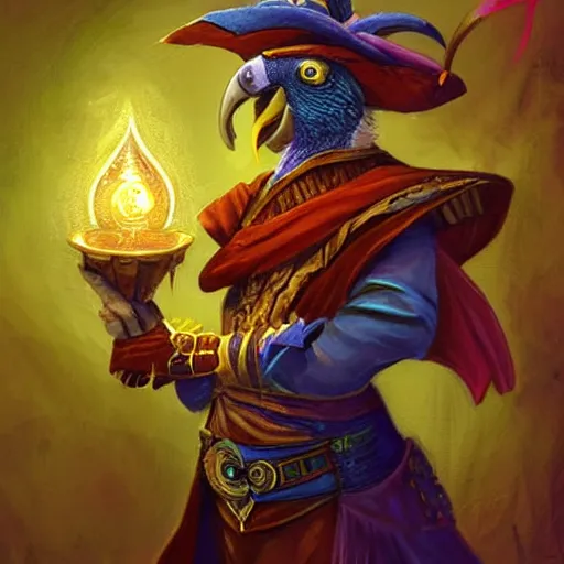 Image similar to Magic the gathering artwork of Anthropomorphized parrot trader in his shop, shelves full, selling a gem, portrait, items, magic potions, carpet, window, fancy funny hat, sly expression , cunning expression, cute expression, presenting magic gem, D&D, fantasy, cinematic lighting, highly detailed, digital painting, artstation, concept art, smooth, sharp focus, illustration, warm light, cozy warm tint, magic the gathering artwork, volumetric lighting, 8k, no gold, no gold colours, art by Akihiko Yoshida and Greg Rutkowski