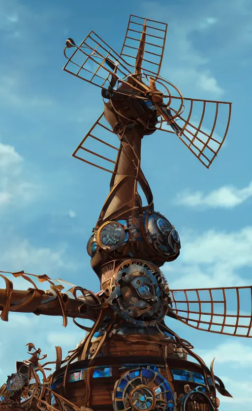 Image similar to a steampunk windmill, zoomed in, spinning fast, robot, blue fire, electricity lightning, concept art, sharp focus, intricate details, very high details, photorealistic, disney pixar, octane render, iridescent, anime, 8 k