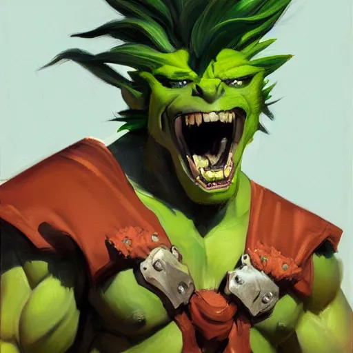 Image similar to greg manchess portrait painting of partially armored blanka from street fighter as overwatch character, medium shot, asymmetrical, profile picture, organic painting, sunny day, matte painting, bold shapes, hard edges, street art, trending on artstation, by huang guangjian and gil elvgren and gerald brom