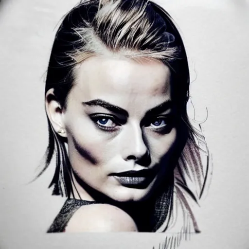 Image similar to tattoo design sketch with double exposure effect, margot robbie face and beautiful mountain scenery, in the style of matteo pasqualin, amazing detail