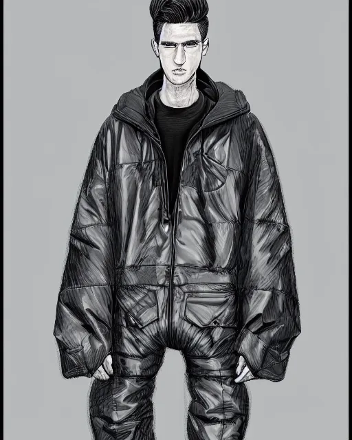 Prompt: fashion tech pack drawing of a male model wearing a baggy menswear moto jacket by issey miyake, 4 k, studio lighting, wide angle lens