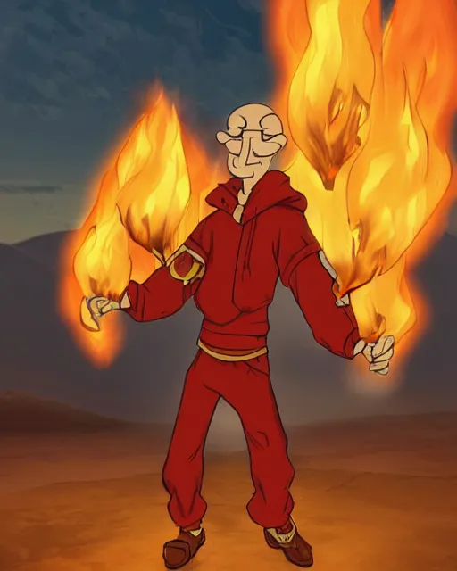 Image similar to [ [ [ [ [ [ squidward ] ] ] ] ] ] wearing fire nation clothing and practicing firebending outside at susnset