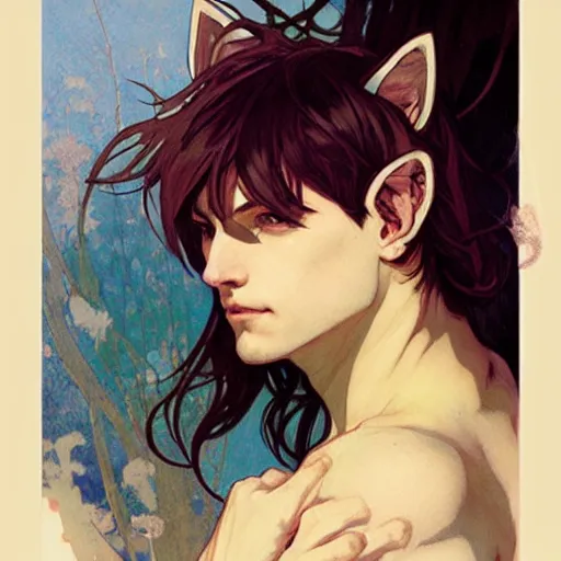 Image similar to Portrait of a pretty fantasy catboy with cat ears. Art by Greg Rutkowski and Alphonse Mucha