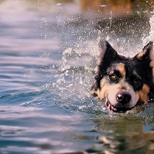 Prompt: dog emerging from the water cool cinematic movie realistic beautiful water