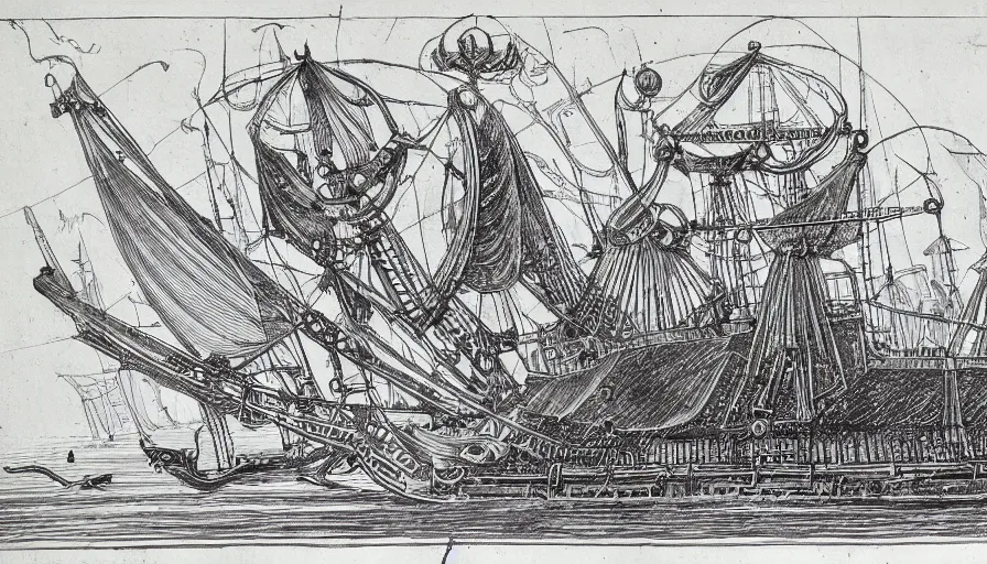 Image similar to encyclopedia drawing of a steampunk squid and ship, manuscript, detailed