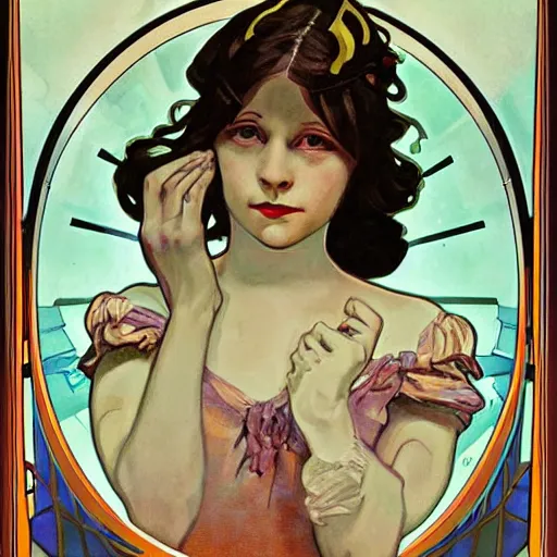 Image similar to realistic little sister of bioshock painted by alfons mucha sharp focus