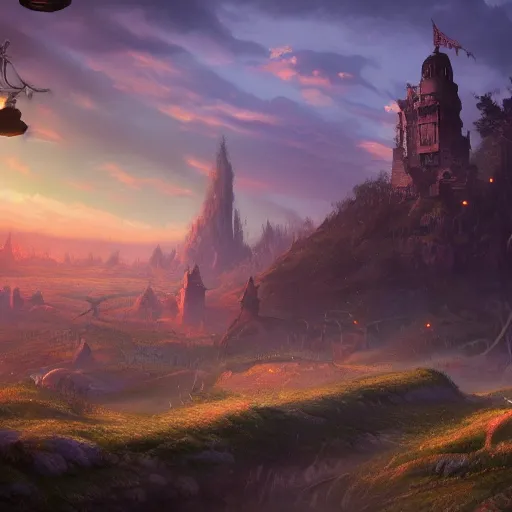 Prompt: fantasy landscape with rolling fields and a steam punk city sunset smoggy trending on artstation 4k highly detailed