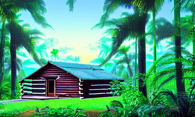 Prompt: Log Cabin in a vaporwave jungle, 4k Photograph