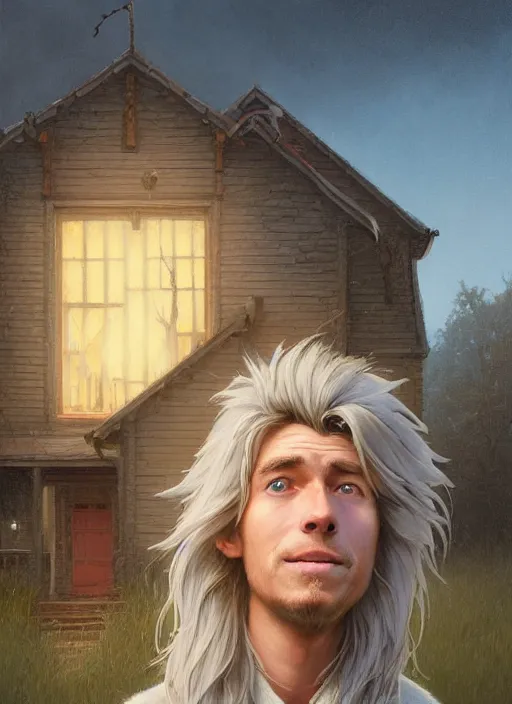 Image similar to highly detailed portrait of a blonde long - haired hillbilly in front of old style house, with his fluffy light gray australian shepherd, stephen bliss, art by greg rutkowski, loish, rhads, ferdinand knab, makoto shinkai and lois van baarle, artgerm, pixar, ilya kuvshinov, rossdraws, tom bagshaw, global illumination