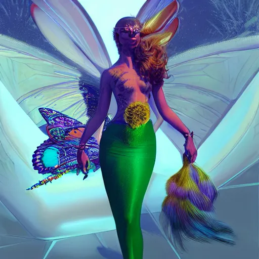 Prompt: creature with butterfly wings, peacock head, and mermaid tail, syd mead, john harris, digital art, character design, unreal engine 5, ultra detailed, portrait