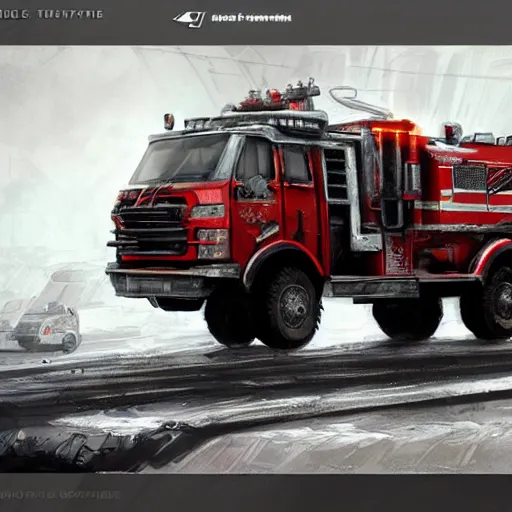 Prompt: future dystopian commercial firetruck, concept art, trending on artstation