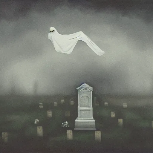 Image similar to ominous bedsheet ghost floating above a grave, oil painting, brush strokes, gloomy misty atmosphere, symmetrical, full body image, highly ornate intricate details,