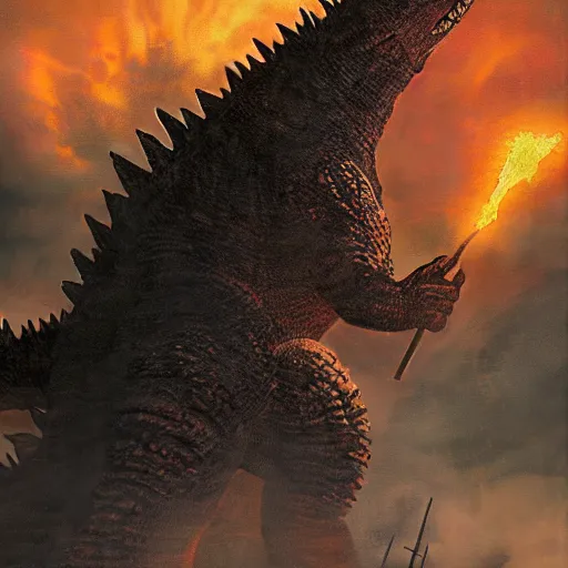 Image similar to oil painting of godzilla conquering e destroying a city, cinematic lighting