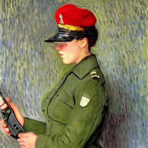 Prompt: a female soldier holding a a stapler to her own head and looking depressed by monet realistic, high details