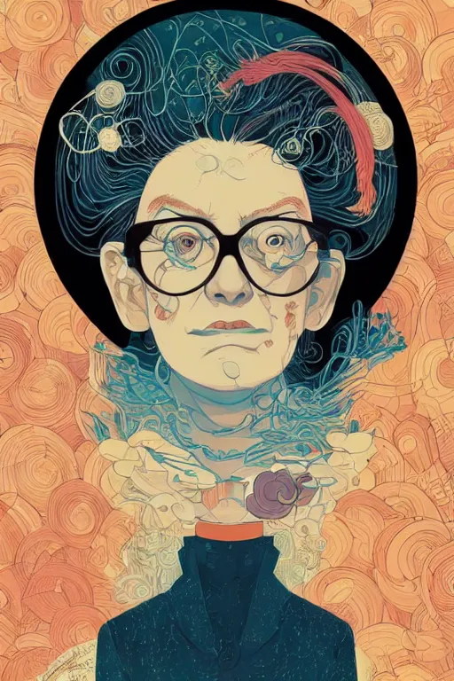 Prompt: portrait of mad lady scientist, stylized illustration by victo ngai, colorful comics style,