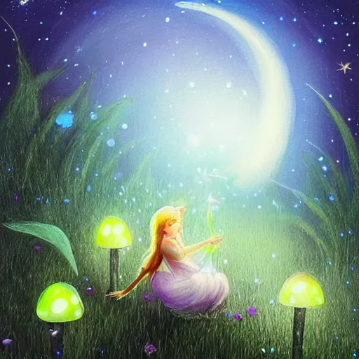 Prompt: attractive, fairy, in the night, fantasy, crescent moon in background, luminous, toadstools, fireflies, fantasy, highly detailed painting, mid shot, 8 k realistic, fantasy, mist, sharp focus