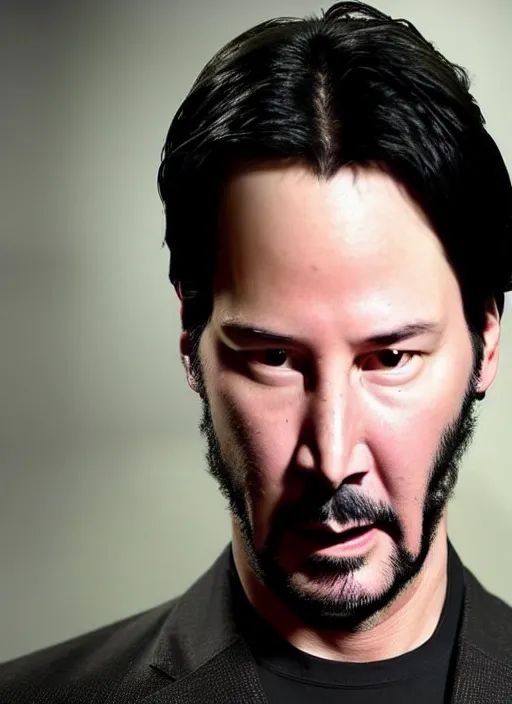 Prompt: an indistinguishable to reality photo of Keanu Reeves, extreme hyper realism, photo realism, photo, portrait, headshot, accurate, detailed, 8k