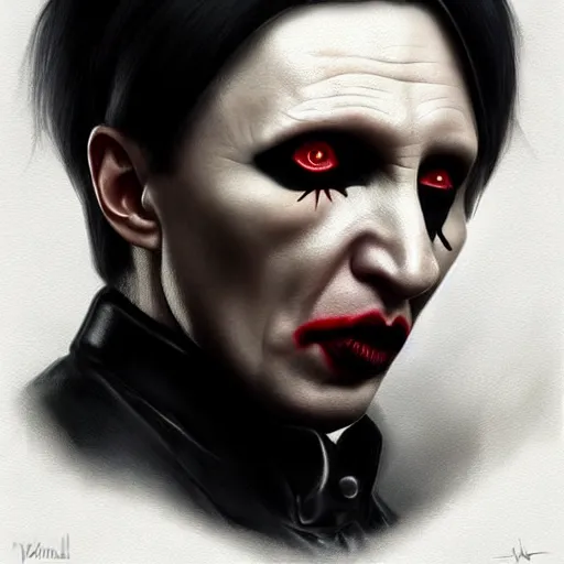 Prompt: Vladimir Putin as Marilyn Manson from Marilyn Manson, portrait, highly detailed, digital painting, artstation, concept art, smooth, sharp focus, illustration, cinematic lighting, art by artgerm and greg rutkowski and alphonse mucha