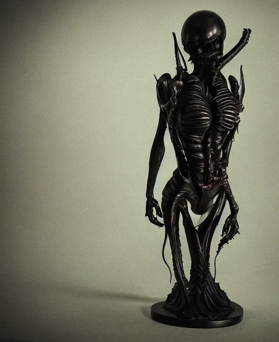 Image similar to xenomorph queen goth model hybrid, dragon eggs, dark emerald mist colors, giger background liminal void, cinematic lighting, realistic, award winning photograph, various refining methods, micro macro autofocus