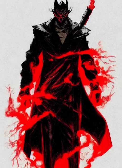 Image similar to half body portrait of an evil deity, a man in black mask and black rugged long trench coat made of smoke, red aura. in style of yoji shinkawa and hyung - tae kim, trending on artstation, dark fantasy, great composition, concept art, highly detailed, dynamic pose.