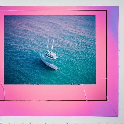 Prompt: a pastel colour high fidelity wide angle Polaroid art photo from a holiday album at a seaside of a large pink ship in the sea surrounded with abstract inflatables, all objects made of transparent iridescent Perspex and metallic silver, a grid of sun beds iridescence, nostalgic