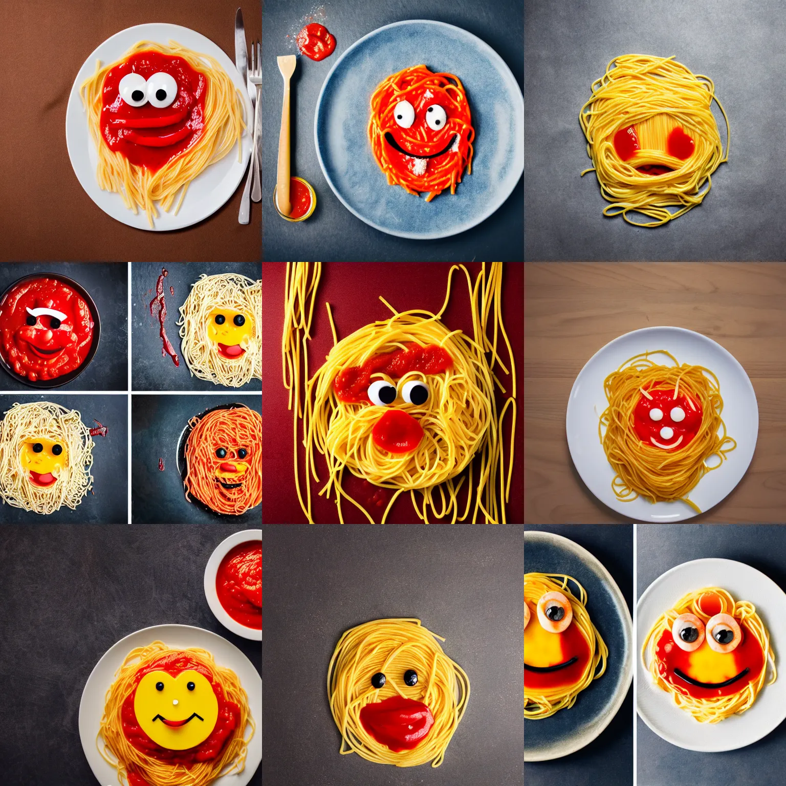 Prompt: smiling face made of spaghetti and ketchup. professional food photography.