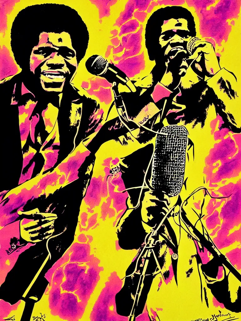 Image similar to psychedelic illustration, portrait of james brown holding a microphone, james brown 7 0 ’ s concert poster, highly detailed, colored illustration, “ superbad concert tour, 1 9 6 9 ”,