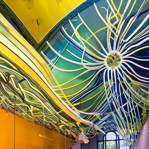 Prompt: x - ray architectural section installation, art exhibition, biennale, minimalistic, lush abstract graphic shapes. victor horta, chihuly, emotional abstract surrealist architecture. sharp focus.