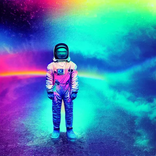 Image similar to rainbow vapor wave astronaut full body wide shot gradient map cyan magenta yellow, movie still, cinematic, photorealistic, extreme detail, sharp focus, 8 k, intricate, hyper detailed, realistic, cinematic lighting