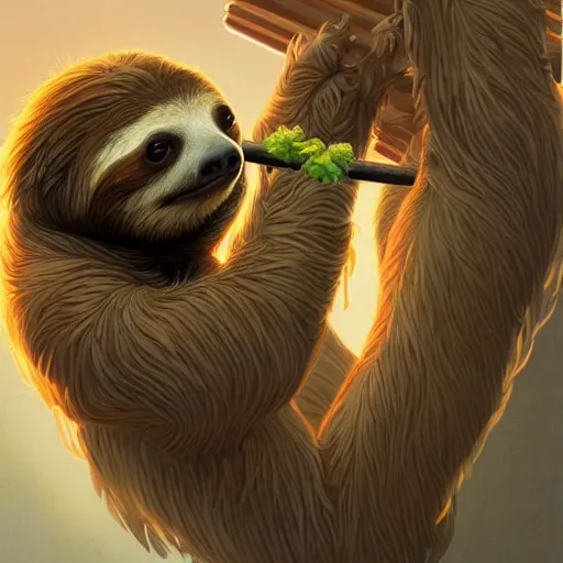 Image similar to detailed science - fiction character portrait of a sloth eating sushi, intricate, wild, highly detailed, digital painting, artstation, concept art, smooth, sharp focus, illustration, art by artgerm and greg rutkowski and alphonse mucha