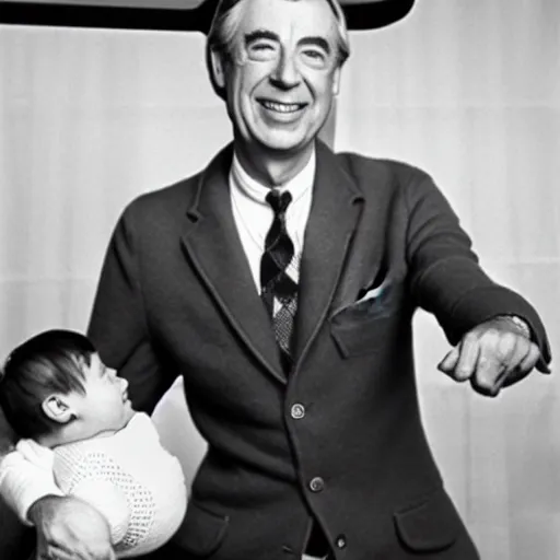 Image similar to mr. rogers proudly displaying an upside - down infant. 1 9 7 0 s studio color photo.