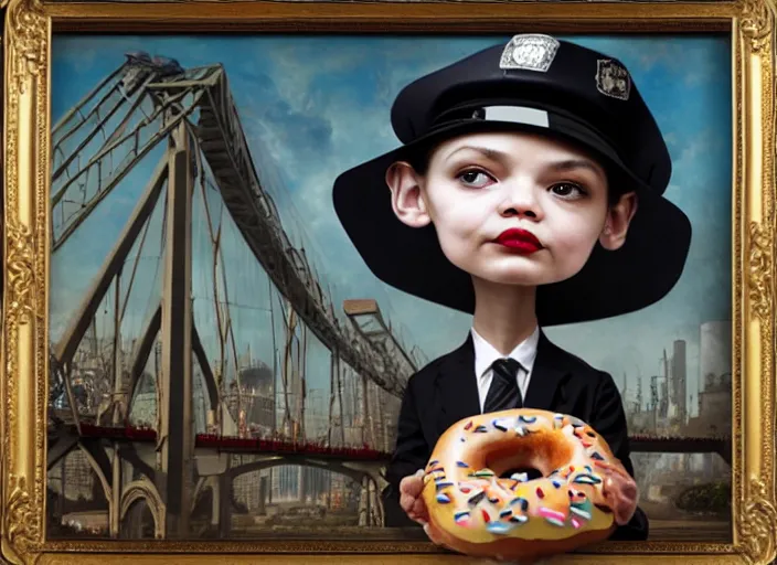 Image similar to a donut wearing a cop hat, lowbrow, matte painting, 3 - d highly detailed, in the style of mark ryden,