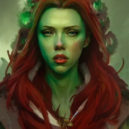 Prompt: scarlet Johansson as a elf Druid girl with red hair and glowing green eyes , trending on ArtStation , concept art by greg rutkowski
