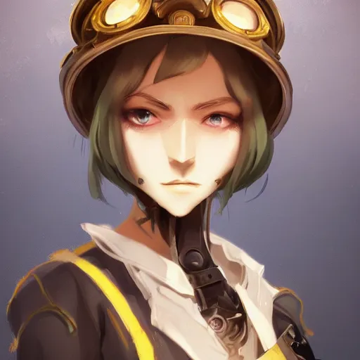 Image similar to a girl with dark skin with yellow eyes and short white hair, wearing steampunk attire, highly detailed, digital painting, artstation, matte, by makoto shinkai, animation style
