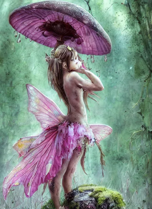 Image similar to A wingless fairy princess with a tattered pink tutu, mushroom umbrella, moss, dewdrops, watercolor, dramatic lighting, cinematic, establishing shot, extremely high detail, foto realistic, cinematic lighting, pen and ink, intricate line drawings, by Yoshitaka Amano, Ruan Jia, Kentaro Miura, Artgerm, post processed, concept art, artstation, matte painting, style by eddie mendoza, raphael lacoste, alex ross,