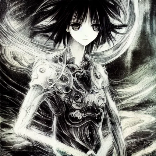 Prompt: yoshitaka amano blurred and dreamy illustration of an anime girl with black eyes, wavy white hair fluttering in the wind wearing elden ring armor with engraving, abstract black and white patterns on the background, noisy film grain effect, highly detailed, renaissance oil painting, weird portrait angle, blurred lost edges, three quarter view
