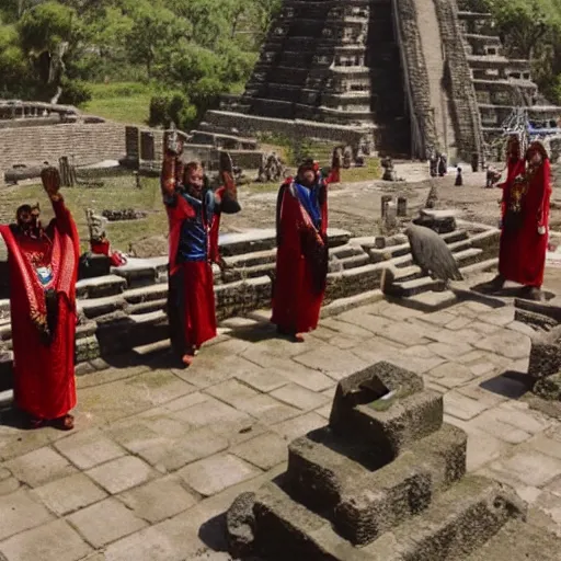 Prompt: pacal Votan and Aztec priests greeting aliens in an Aztec temple