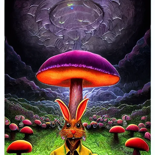 Image similar to 4 k headshot portrait of a psychedelic demonic anthropomorphic bunny rabbit with mushroom themed clothes, magic mushroom village in background by jeff easley, award winning, stylized neon, post - processing, masterpiece, superb resolution. in the art style of junji ito and greg rutkowski. detailed mushroom city in background. hyper realistic anime. perfect art. dalle 2